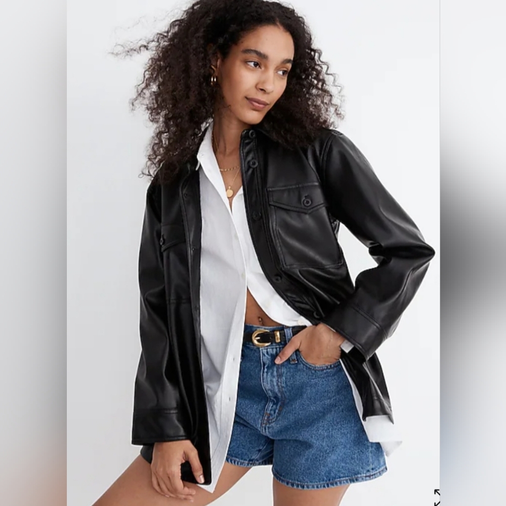 Black Faux Leather Shirt Jacket - Women's Top